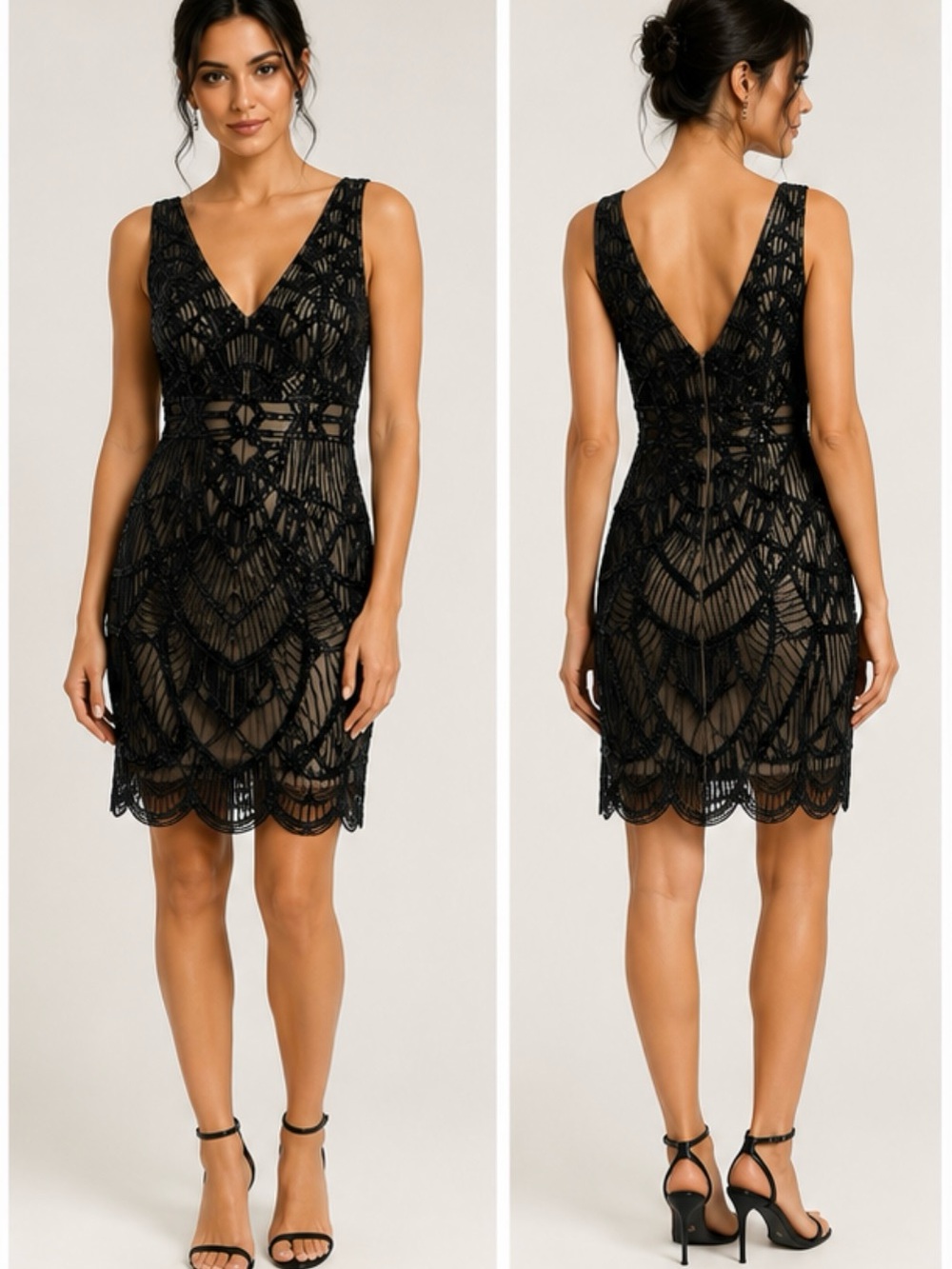 JS Collections Black Beaded Sequin Art Deco Cocktail Dress Size 8